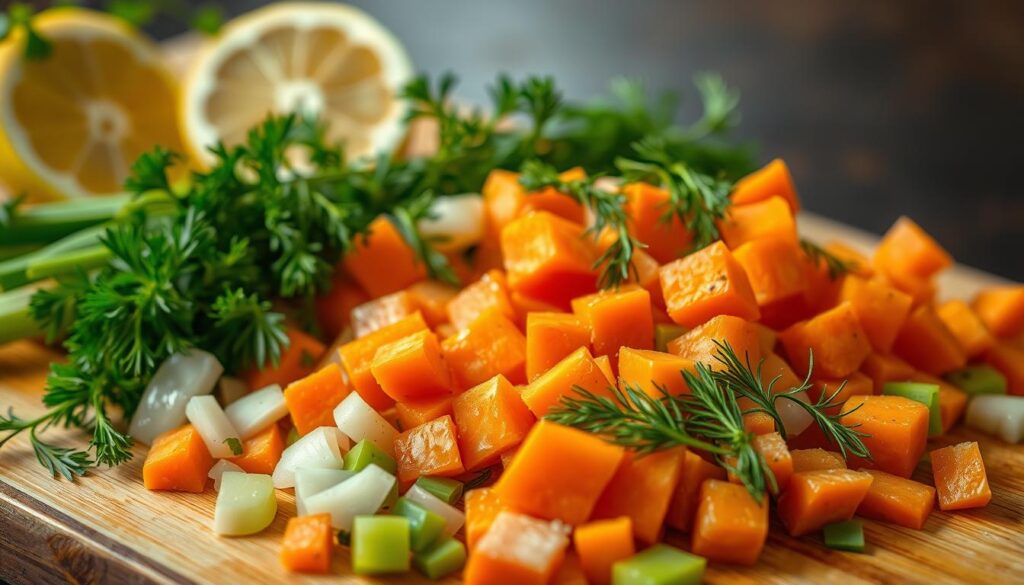 Salmon Soup Vegetables and Aromatics